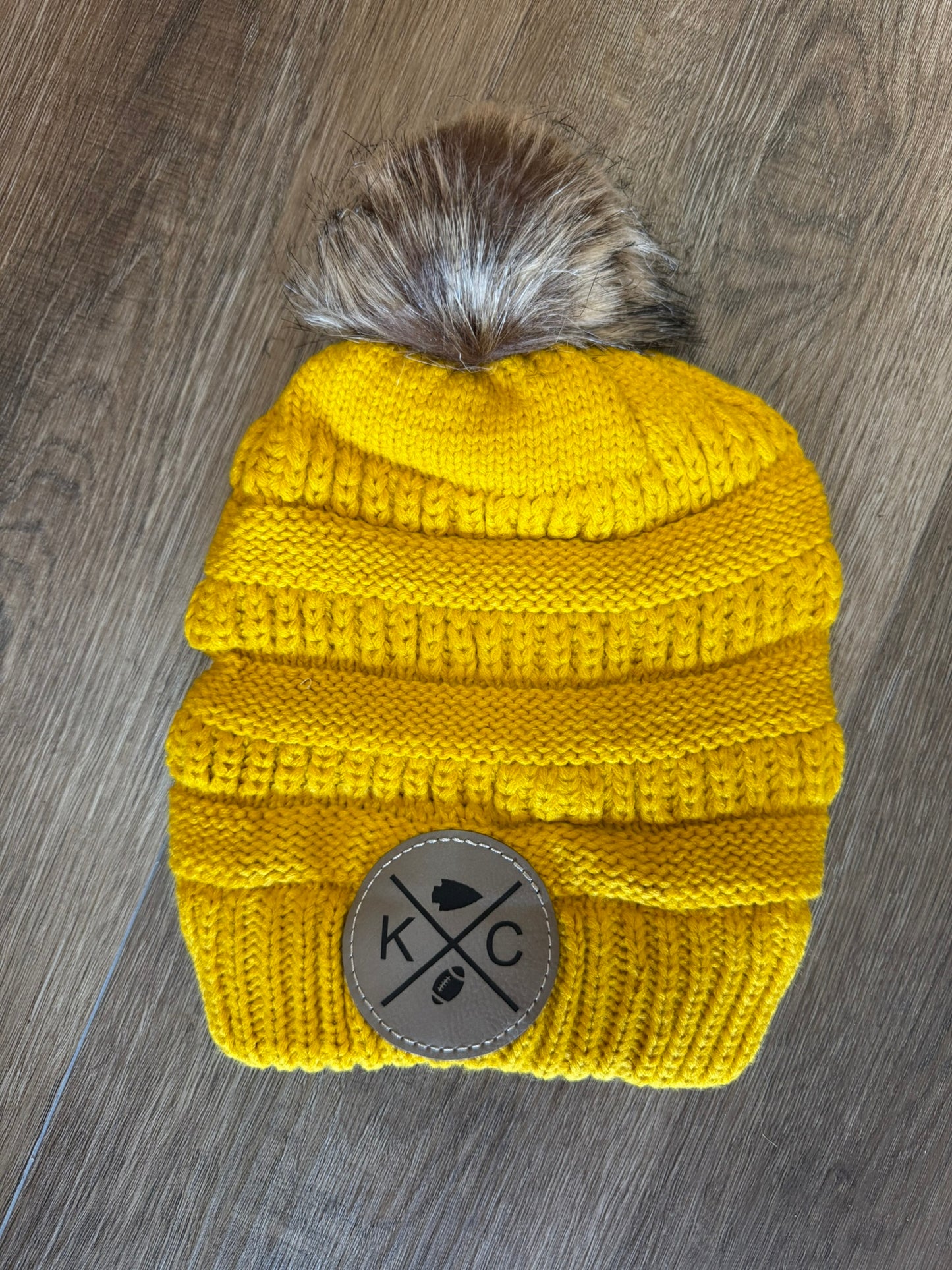 Engraved KC Arrowhead Football Knitted Pom Beanie