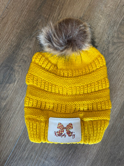 UV Printed Red Checkered Bow Knitted Pom Beanie