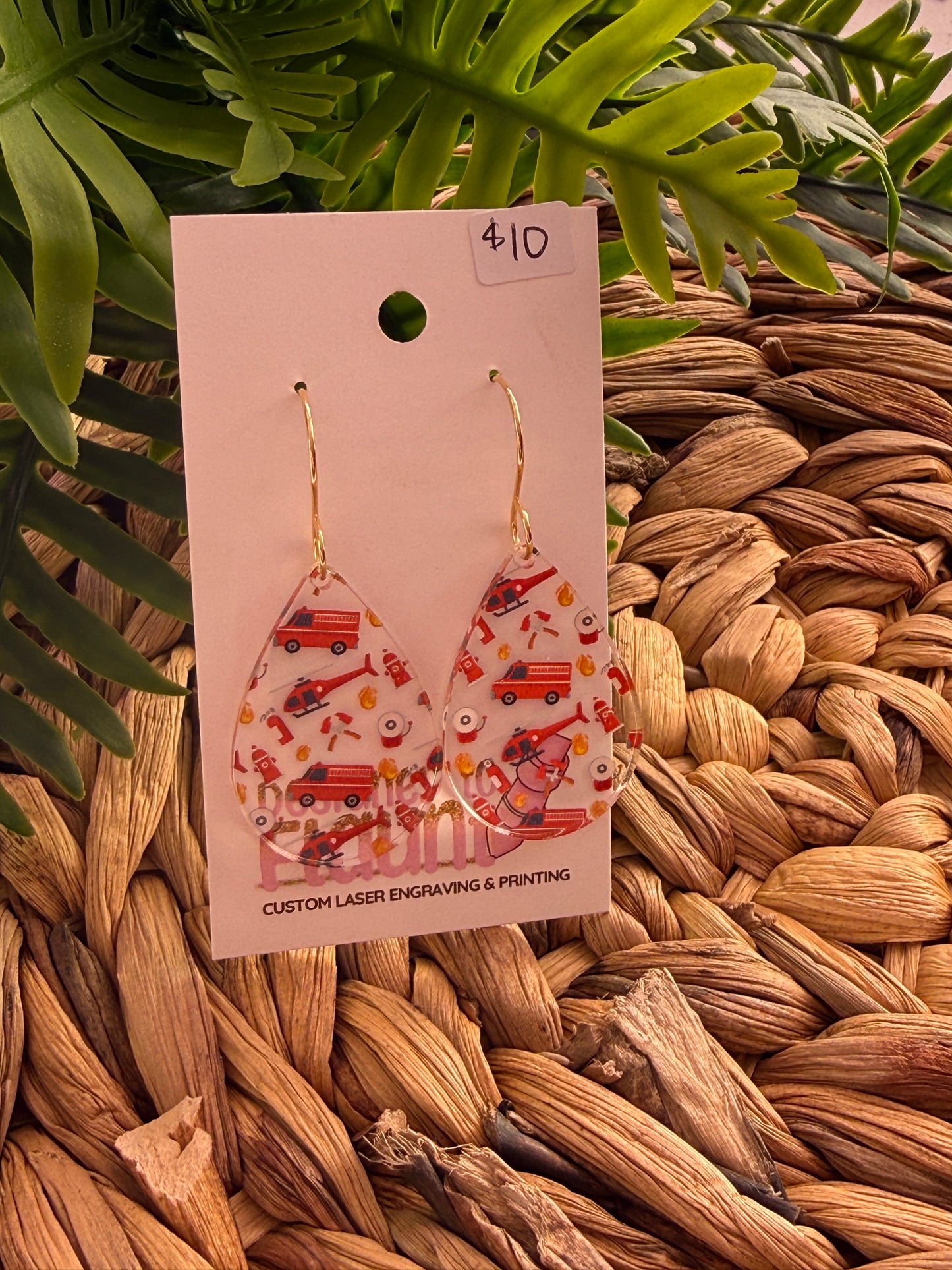 UV Printed Firefighter Scatter Print Dangle Earrings