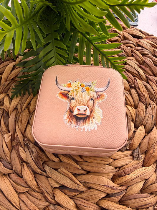 UV Printed Floral Highland Cow Compact Jewelry Box