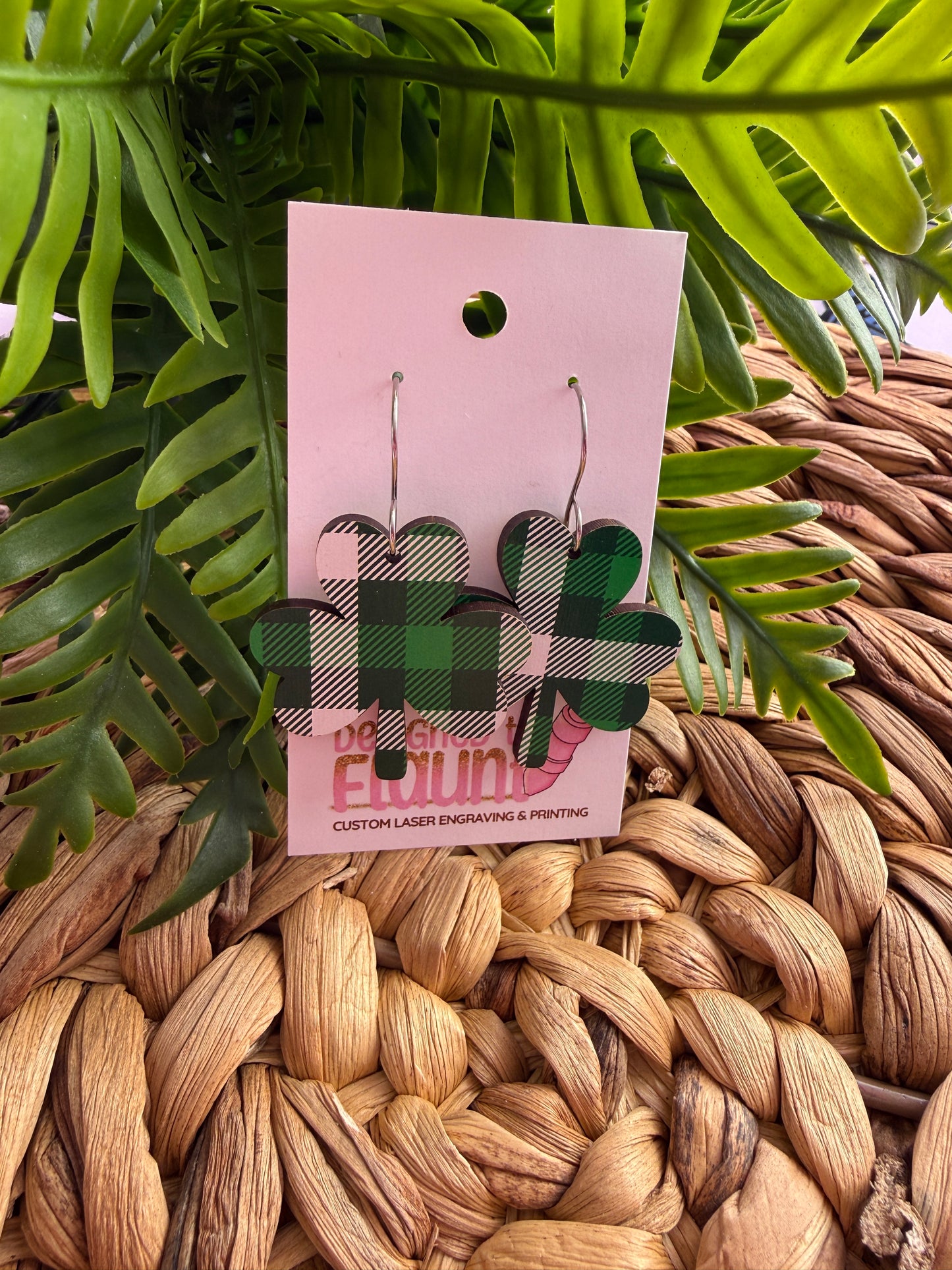 UV Printed Plaid Shamrock Dangle Earrings
