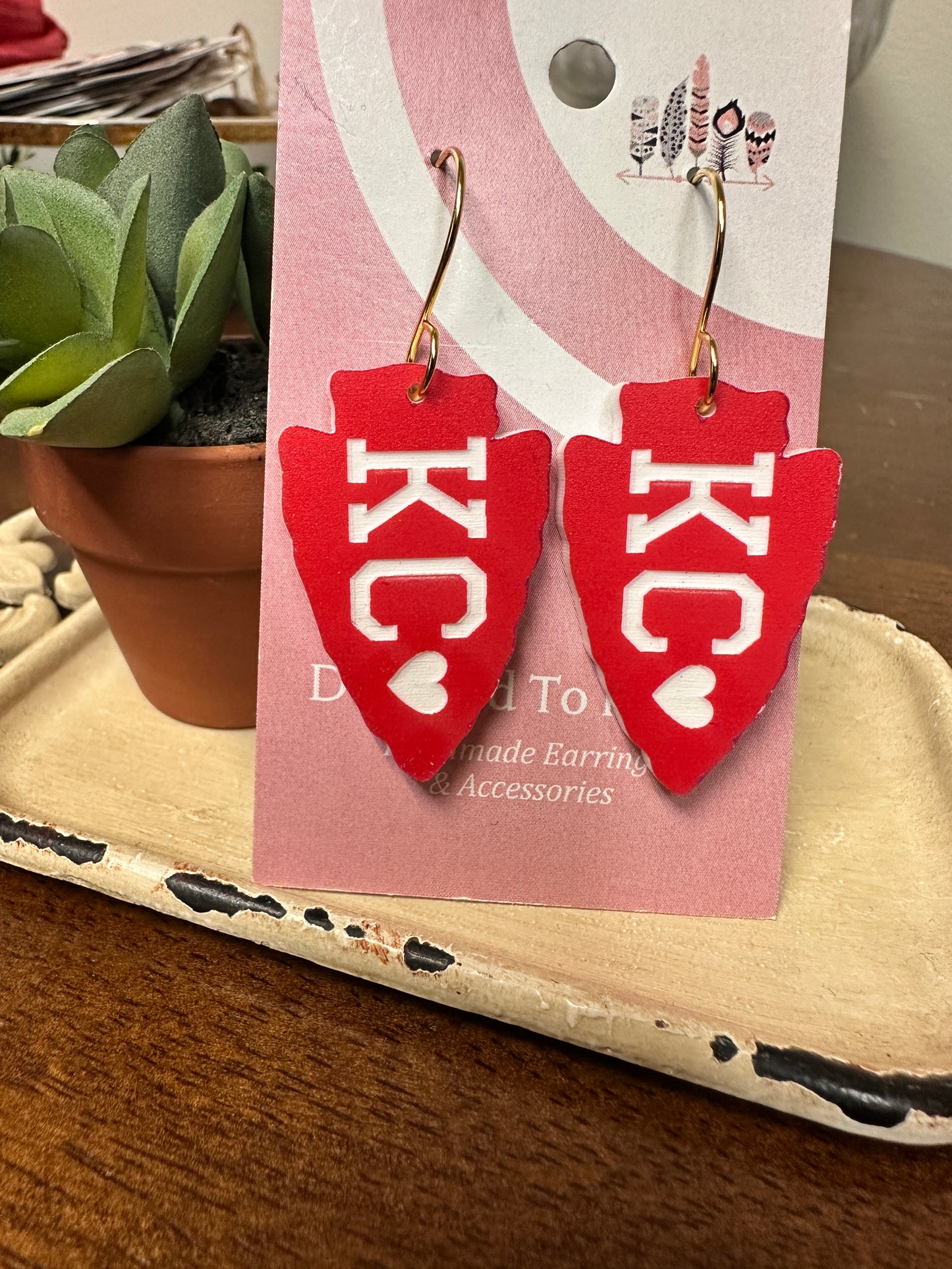 Engraved KC Heart Dangle Earrings