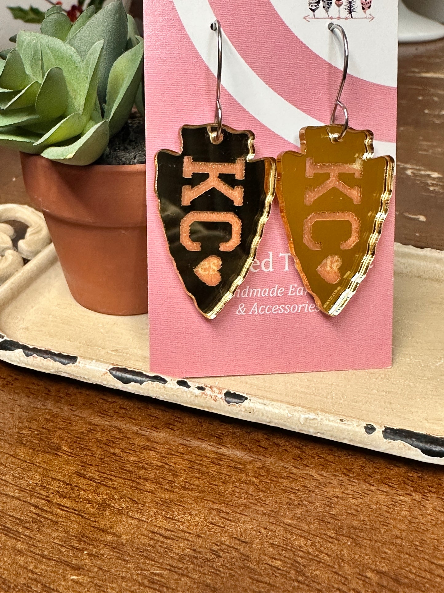 Engraved KC Heart Dangle Earrings