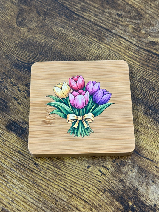UV Printed Tulip Bouquet Wooden Coaster