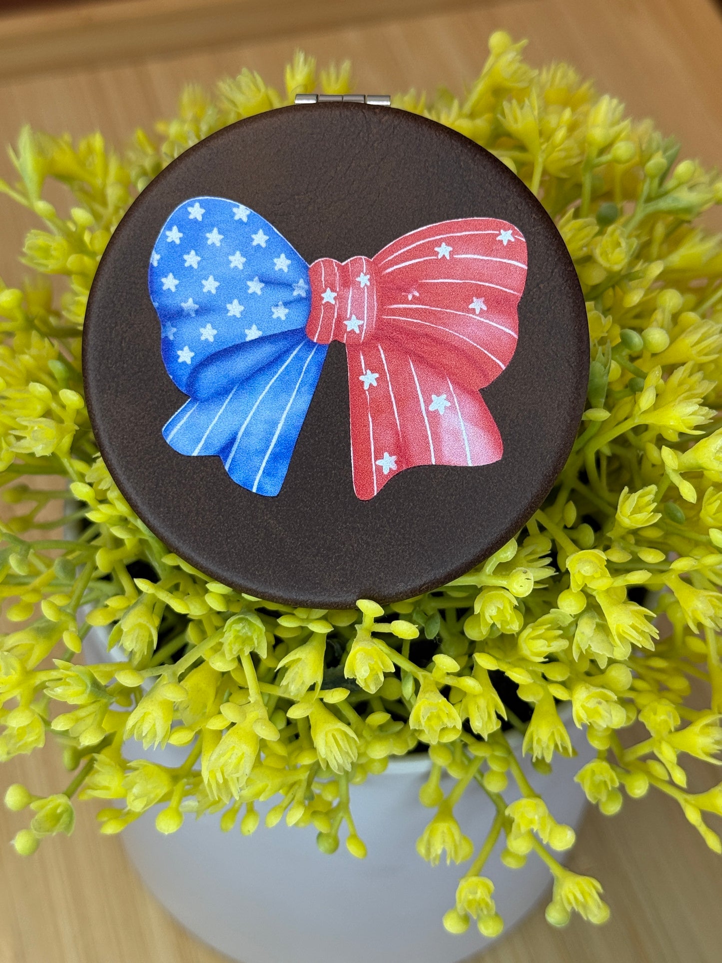UV Printed Red White and Blue Bow Compact Mirror