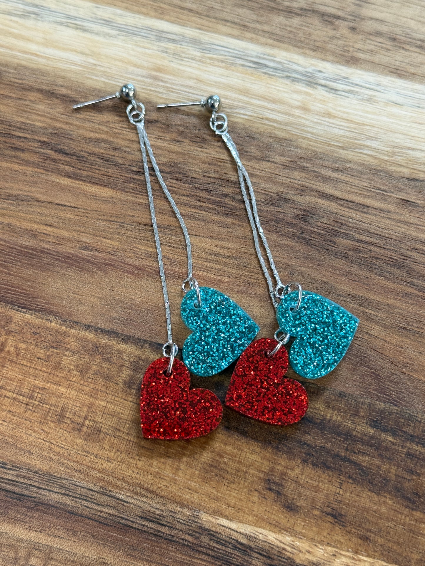 Double Heart Chain Dangle Earrings - Kansas City Soccer Teal & Red Glitter