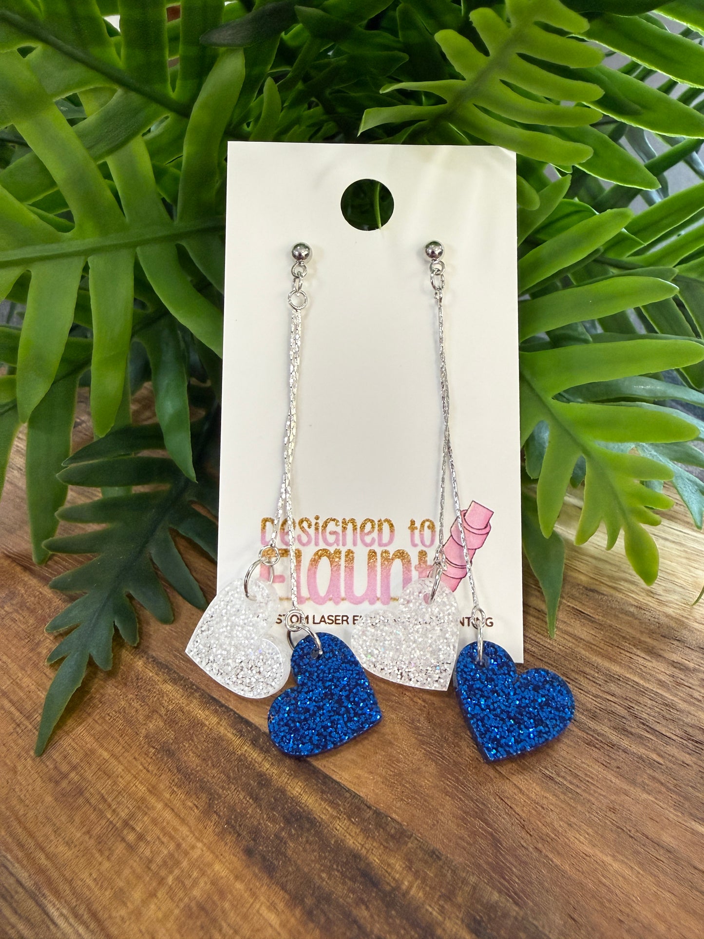 Double Heart Chain Dangle Earrings - Kansas City Baseball Blue & White Glitter