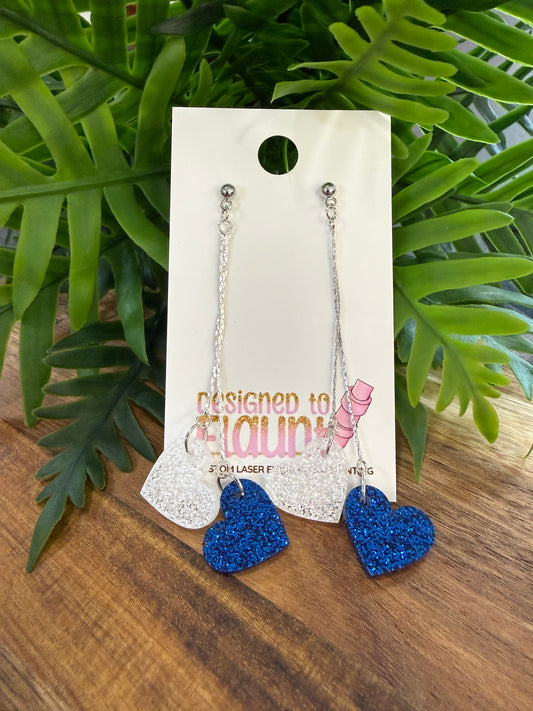Double Heart Chain Dangle Earrings - Kansas City Baseball Blue & White Glitter