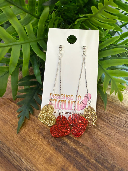 Double Heart Chain Dangle Earrings - Kansas City Football Red & Gold Glitter