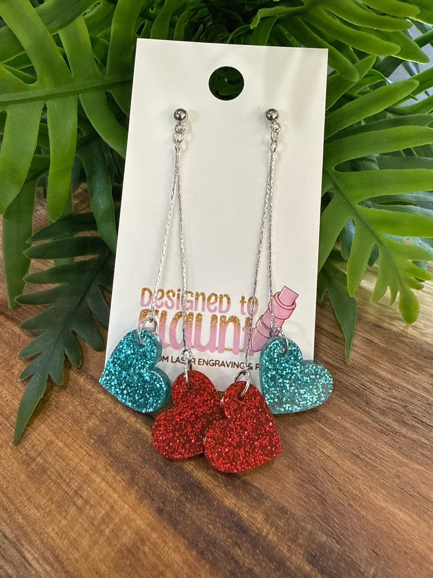 Double Heart Chain Dangle Earrings - Kansas City Soccer Teal & Red Glitter
