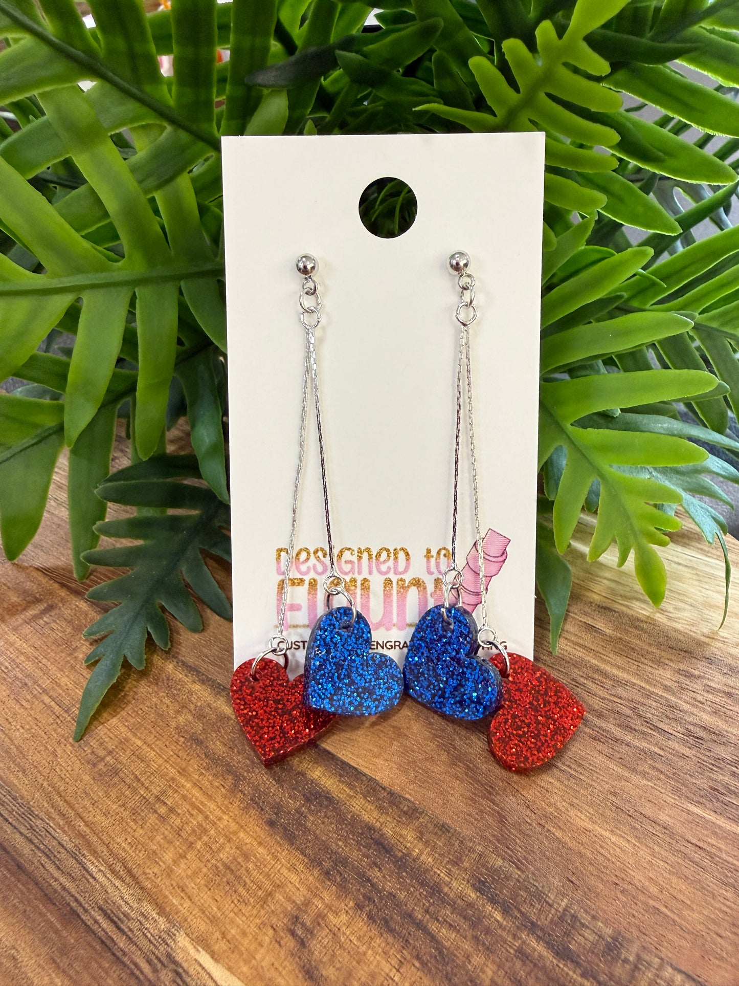 Double Heart Chain Dangle Earrings - Red and Blue Glitter