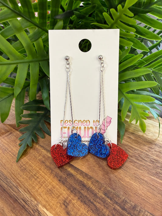 Double Heart Chain Dangle Earrings - Red and Blue Glitter