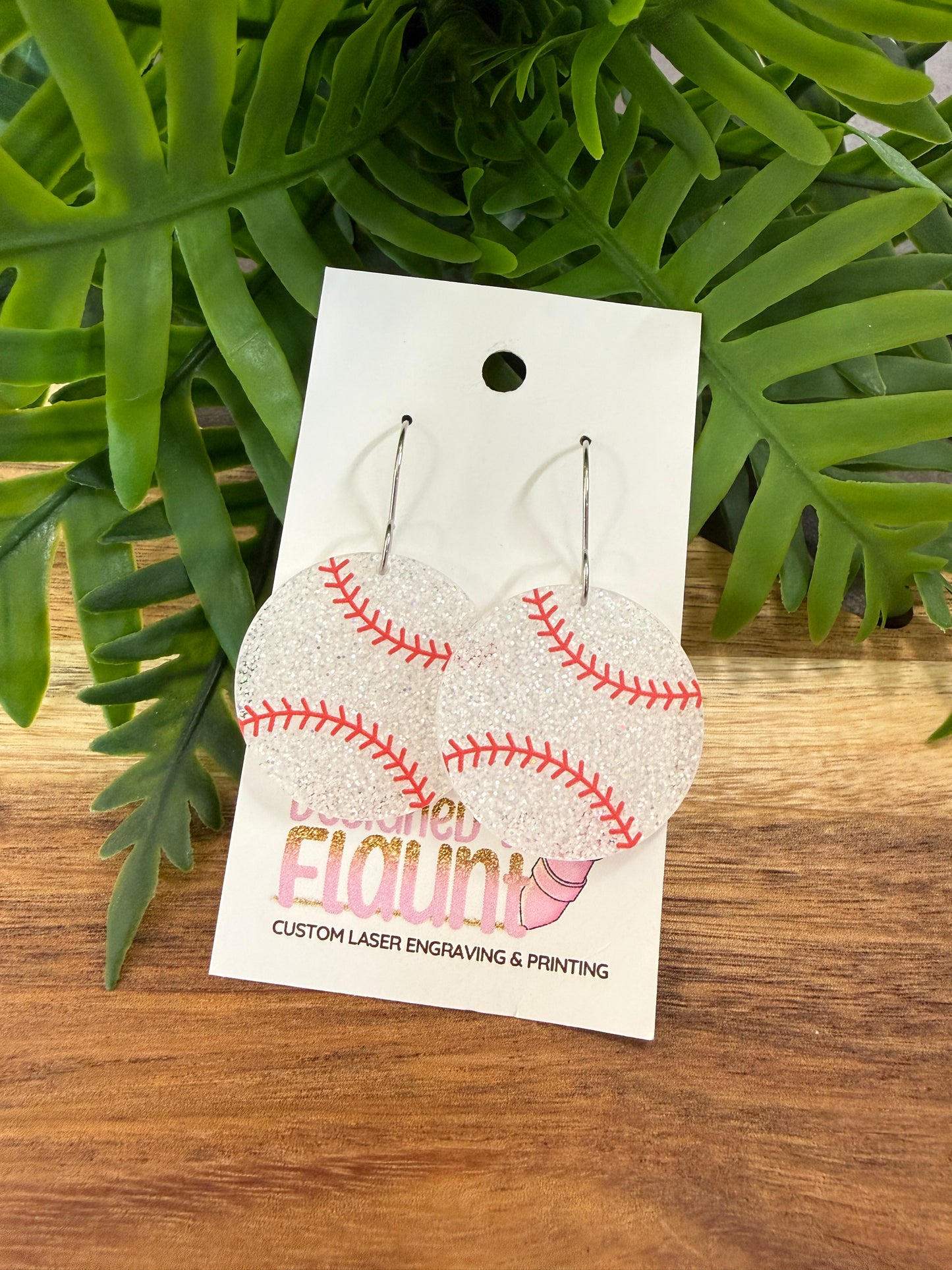 White Glitter Baseball Dangle Earrings - Red Stitching