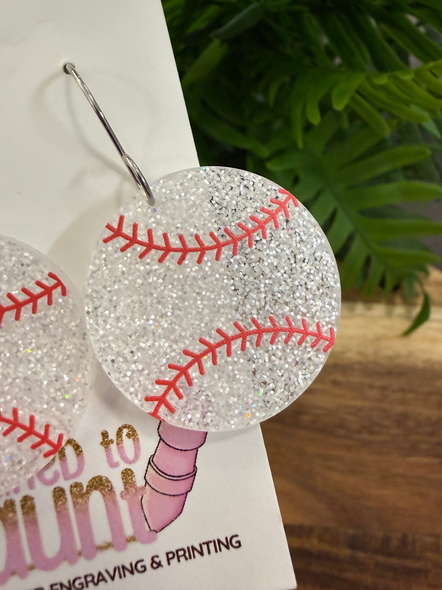 White Glitter Baseball Dangle Earrings - Red Stitching