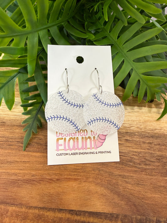 White Glitter Baseball Dangle Earrings - Blue Stitching