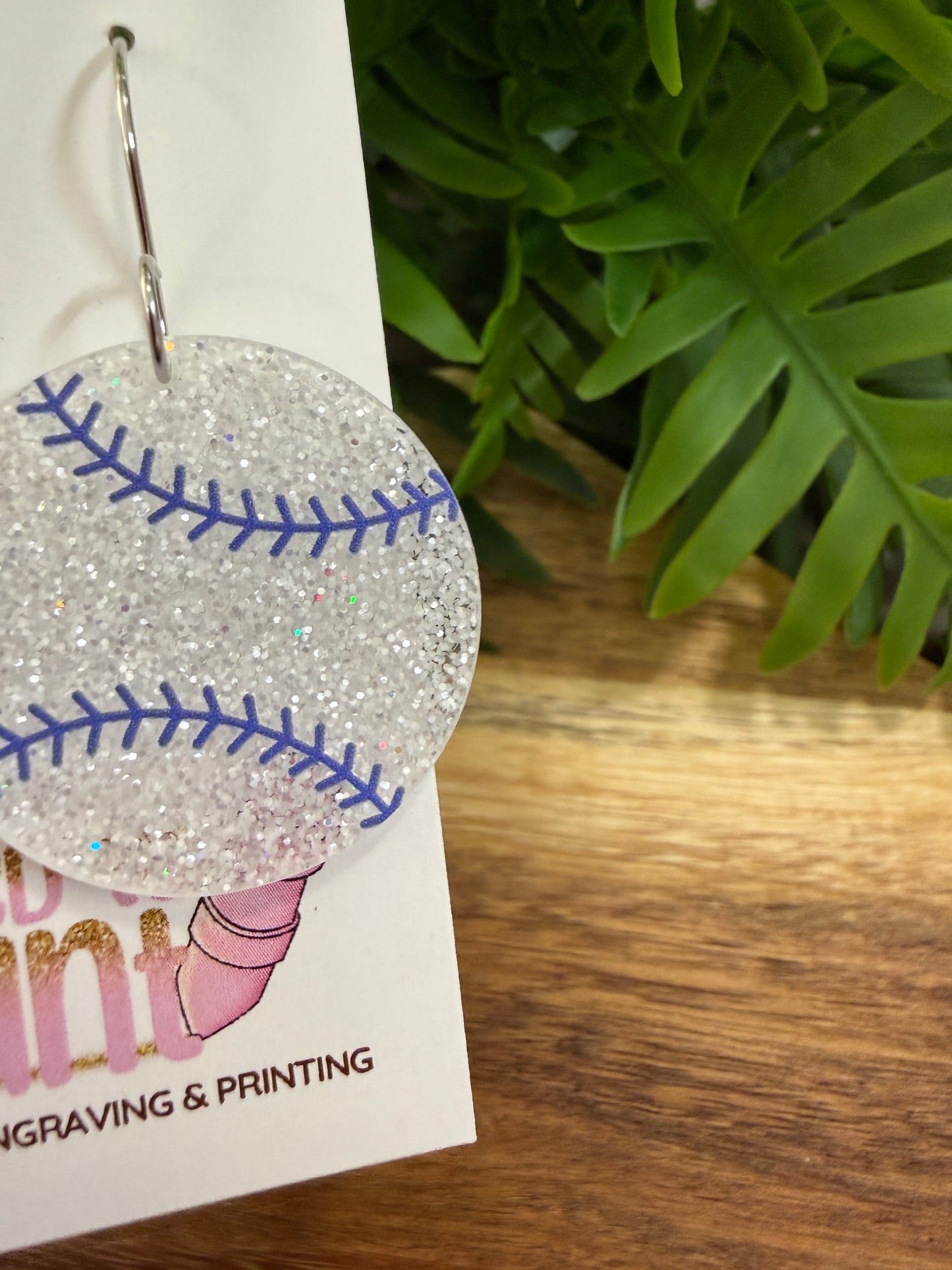 White Glitter Baseball Dangle Earrings - Blue Stitching