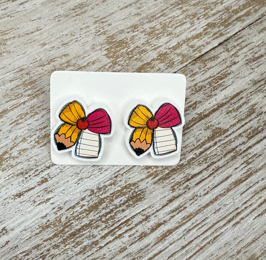UV Printed Pencil & Paper Bows Acrylic Stud Earrings