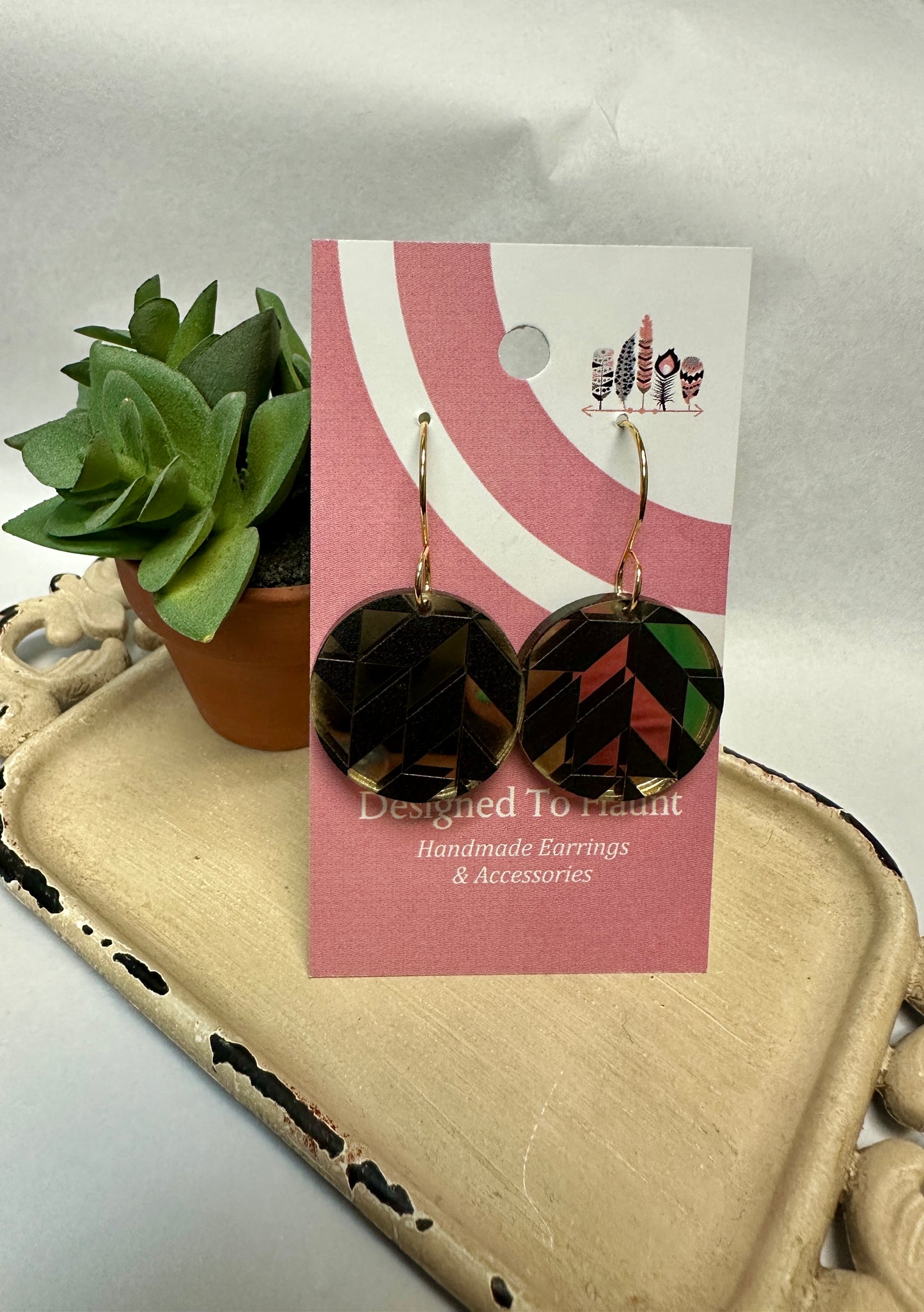 Classic Scattered Black Quilt on Gold Mirror Acrylic Dangle Earrings