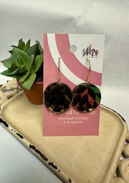 Classic Scattered Black Quilt on Gold Mirror Acrylic Dangle Earrings