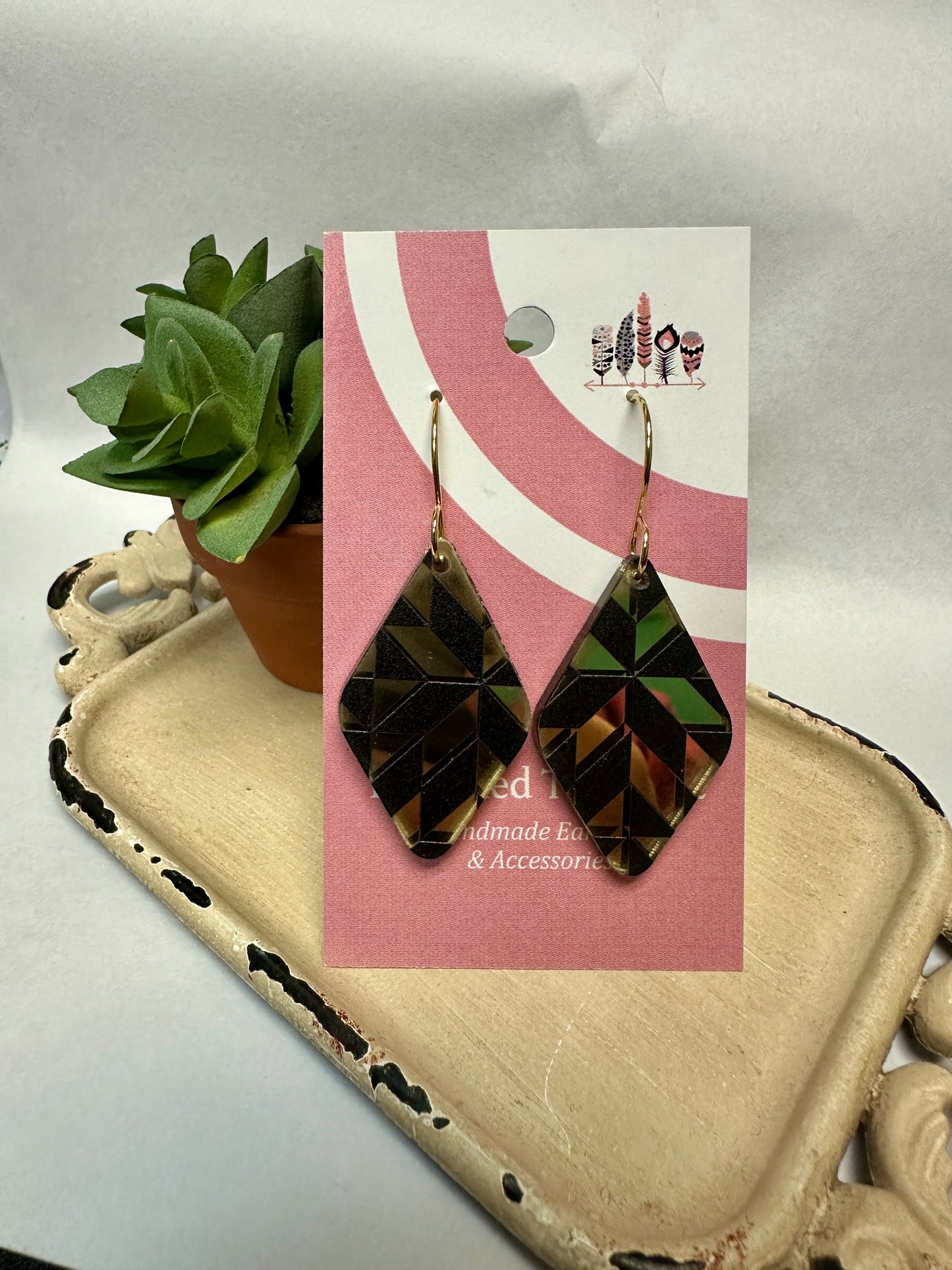 Classic Scattered Black Quilt on Gold Mirror Acrylic Dangle Earrings