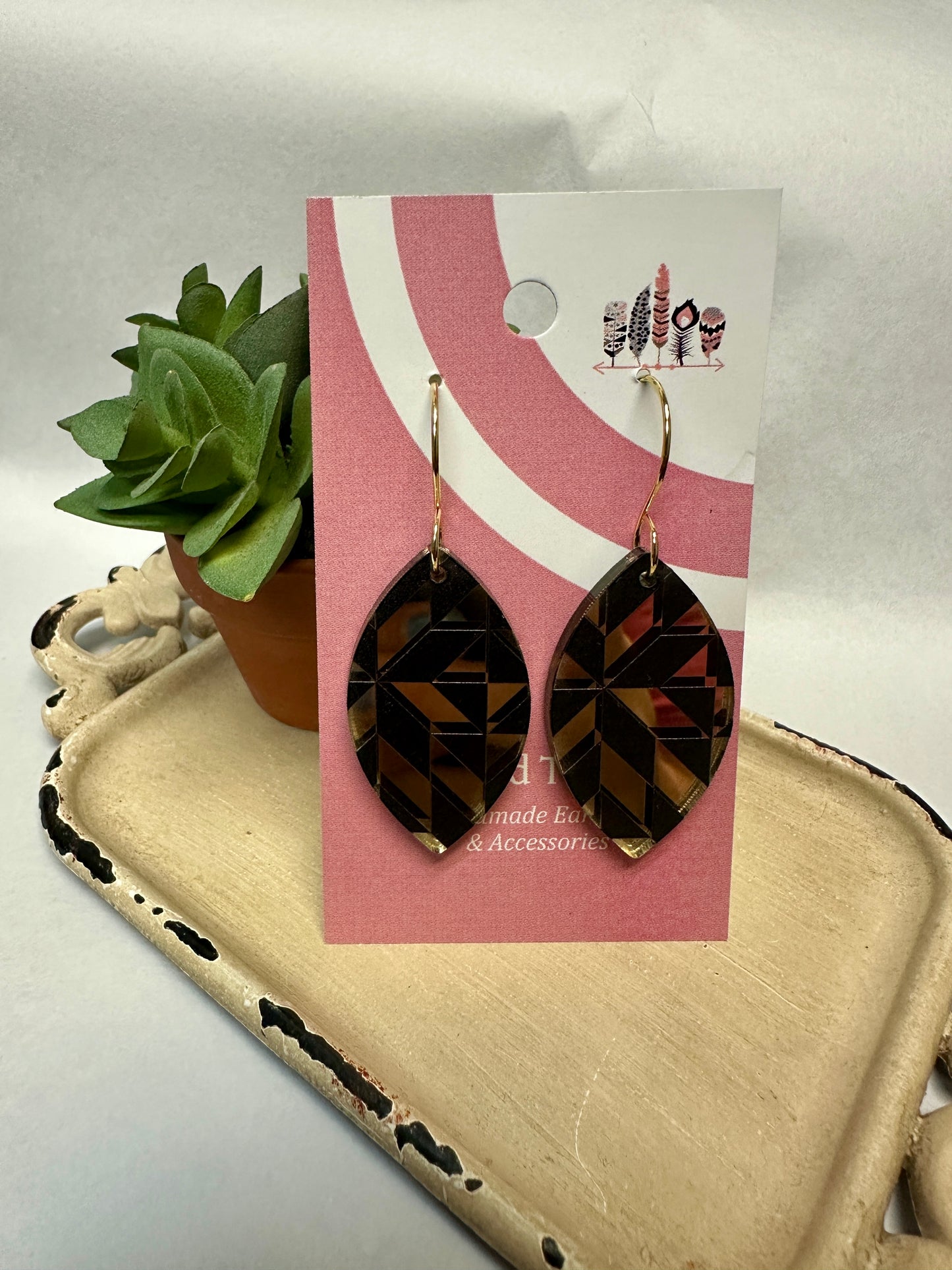 Classic Scattered Black Quilt on Gold Mirror Acrylic Dangle Earrings