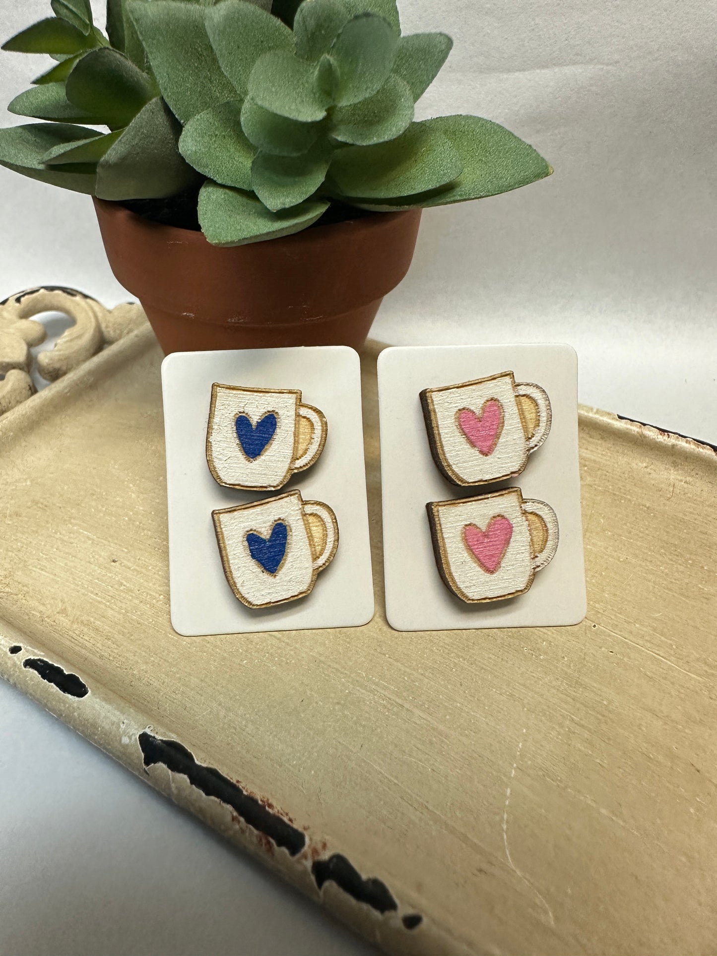 Coffee Mugs Wooden Stud Earrings