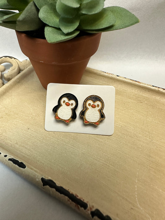 Penguins Wooden Stud Earrings