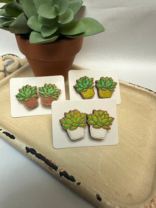 Echeveria Succulents Wooden Stud Earrings