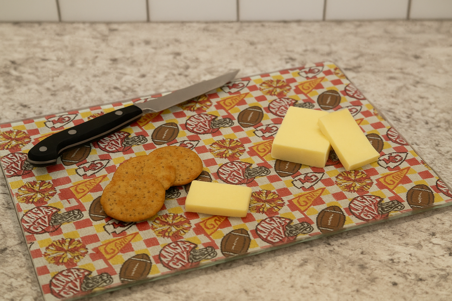 Sublimated Chiefs Scatter Print Tempered Glass Cutting Board