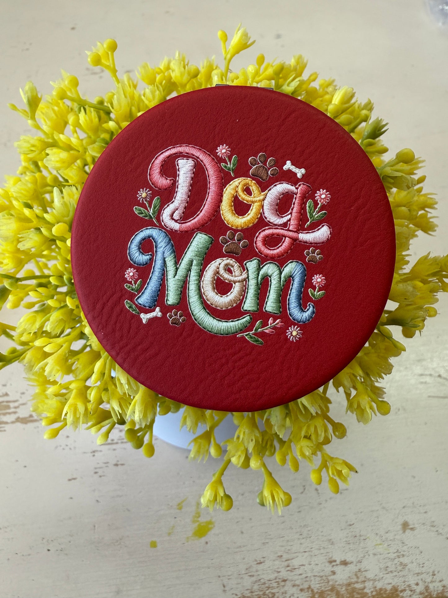 UV Printed Dog Mom Floral Stitch Compact Mirror