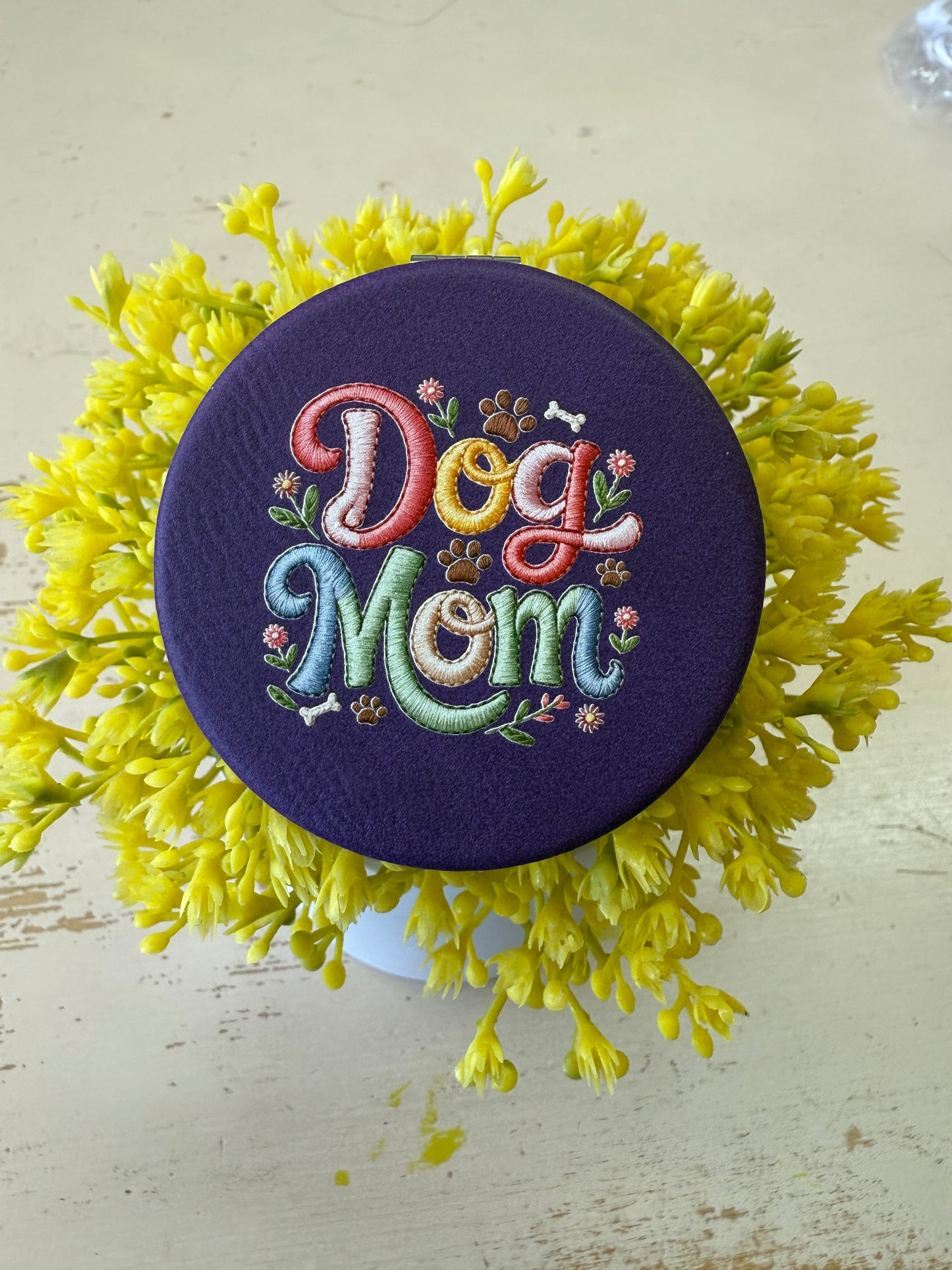 UV Printed Dog Mom Floral Stitch Compact Mirror