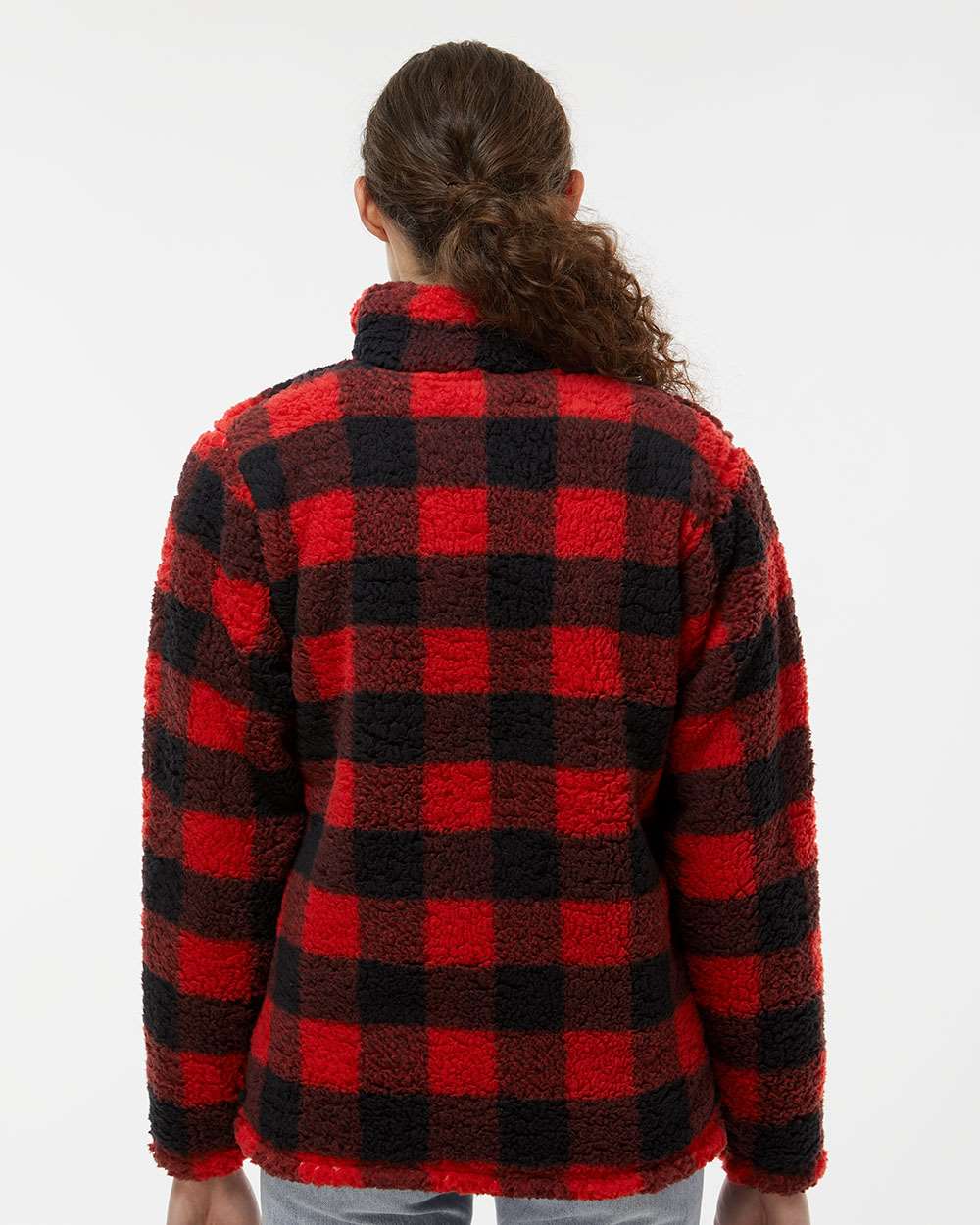 Women’s Red and Black Plaid Sherpa Quarter-Zip Pullover