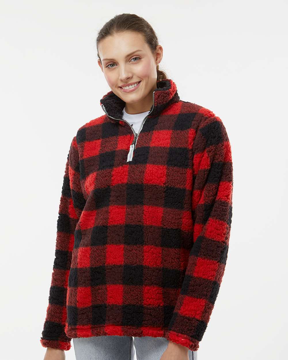 Women’s Red and Black Plaid Sherpa Quarter-Zip Pullover
