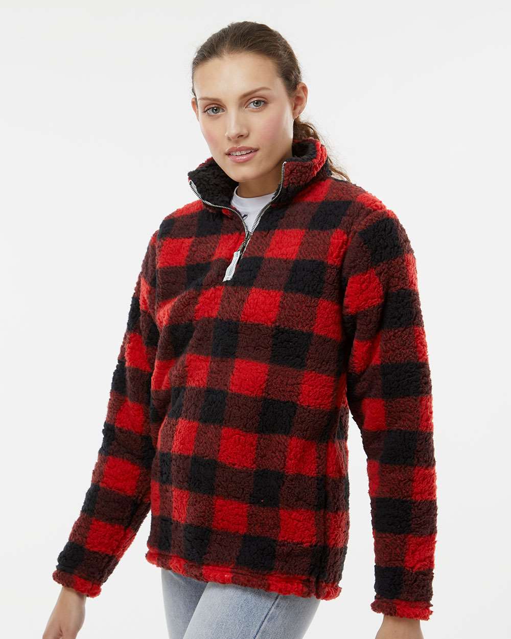 Women’s Red and Black Plaid Sherpa Quarter-Zip Pullover