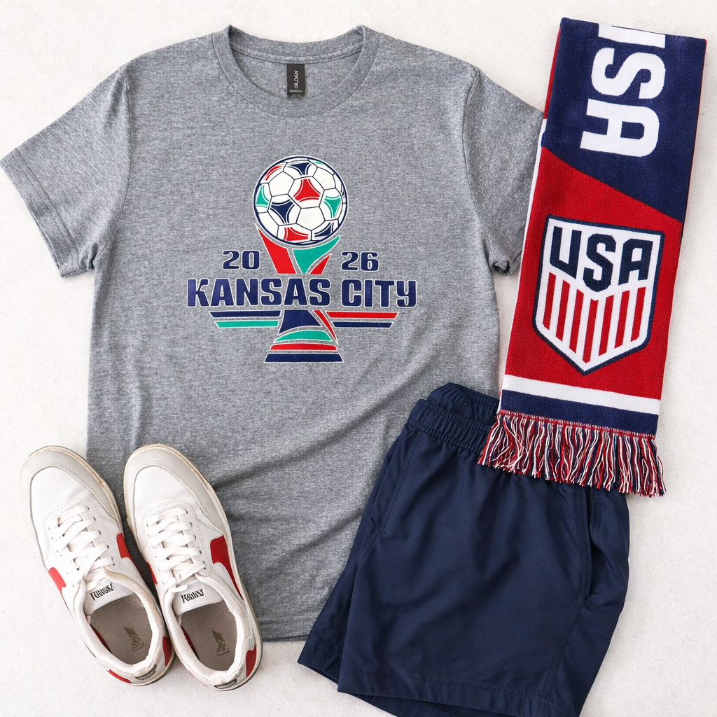 Kansas City soccer game day tee with retro trophy graphic on gray shirt