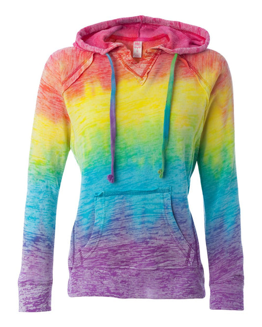 Women's V-Neck Rainbow Ombre Lightweight Hooded Sweatshirt | Women's Burnout Rainbow Hoodie