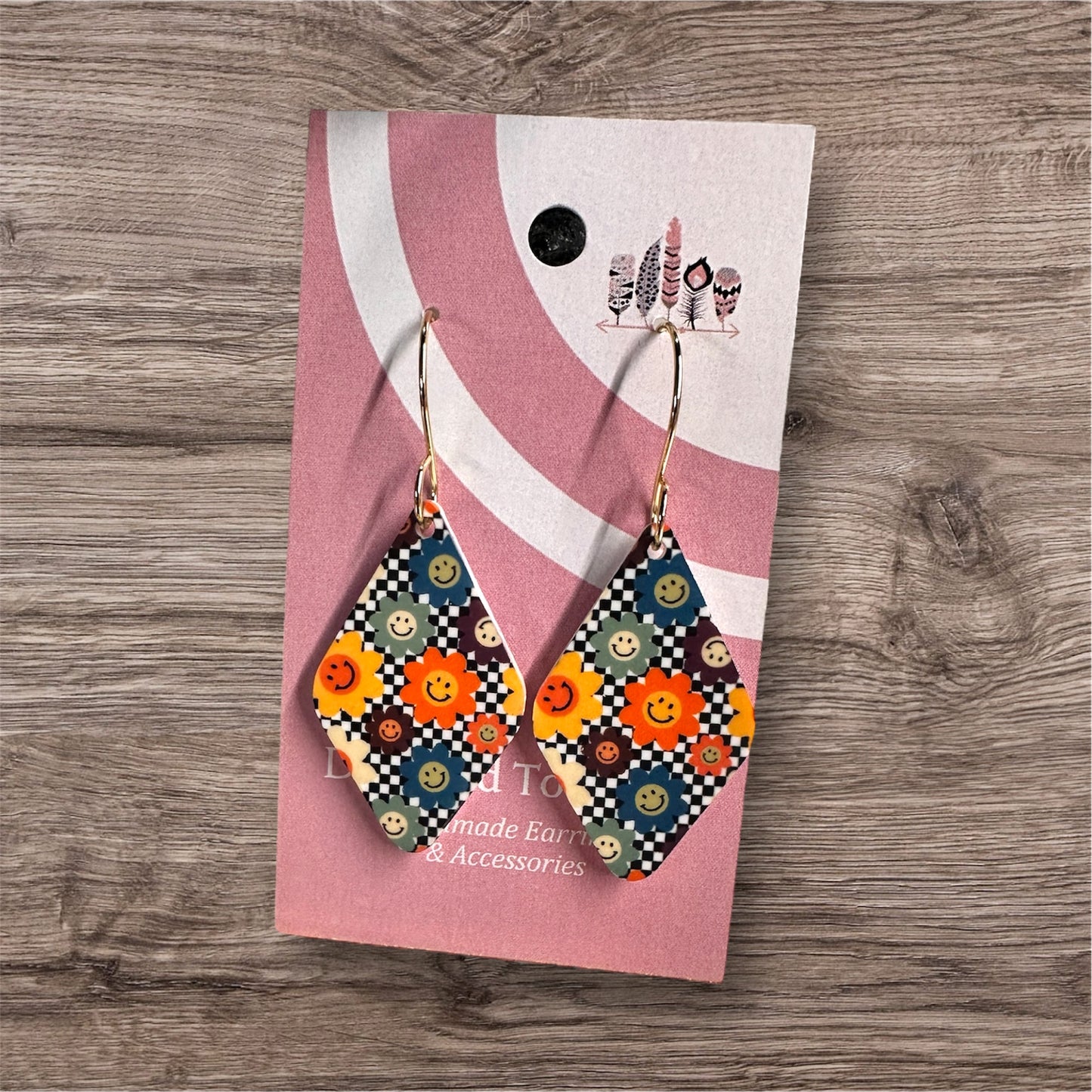 Retro Smiley Flowers Sublimated Acrylic Dangle Earrings