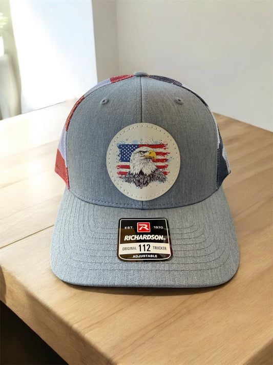 UV Printed American Flag Bald Eagle Men's Richardson 112 Trucker Hat