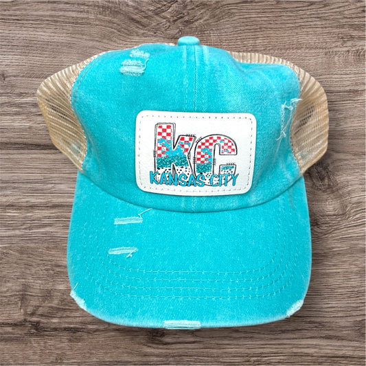 UV Printed Teal/Red KC Checkered Paint Women's Criss Cross Hat
