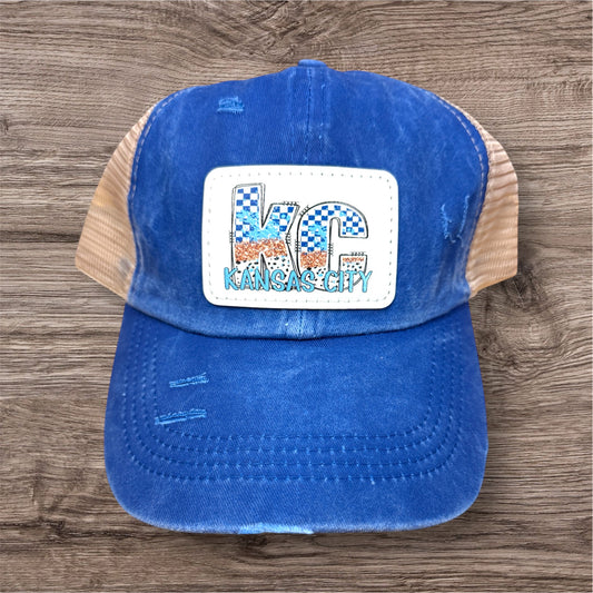 UV Printed Royal/Gold KC Checkered Paint Women's Criss Cross Hat