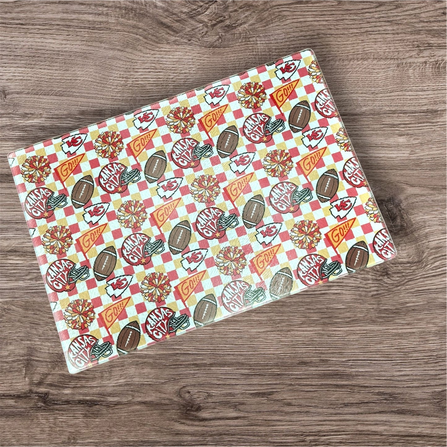 Sublimated Chiefs Scatter Print Tempered Glass Cutting Board