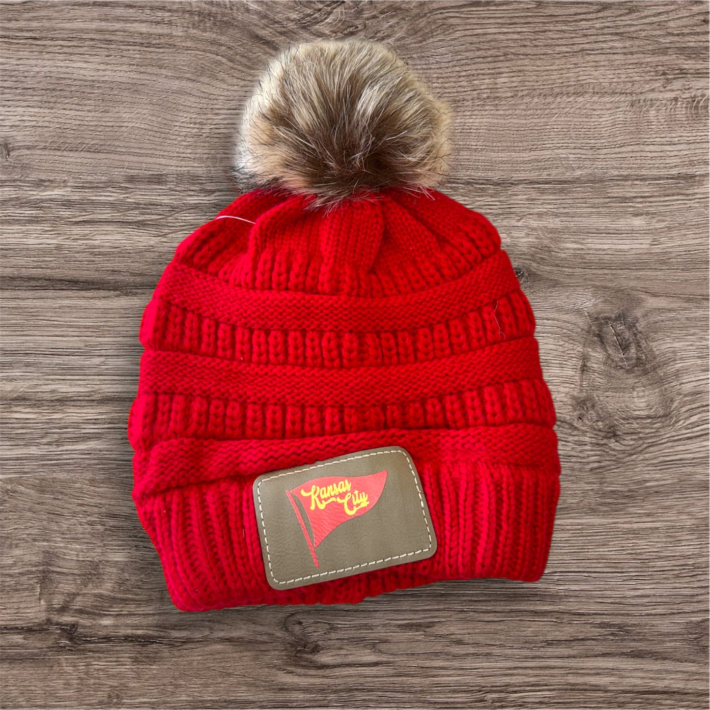 UV Printed Red Pennant Knitted Pom Beanie