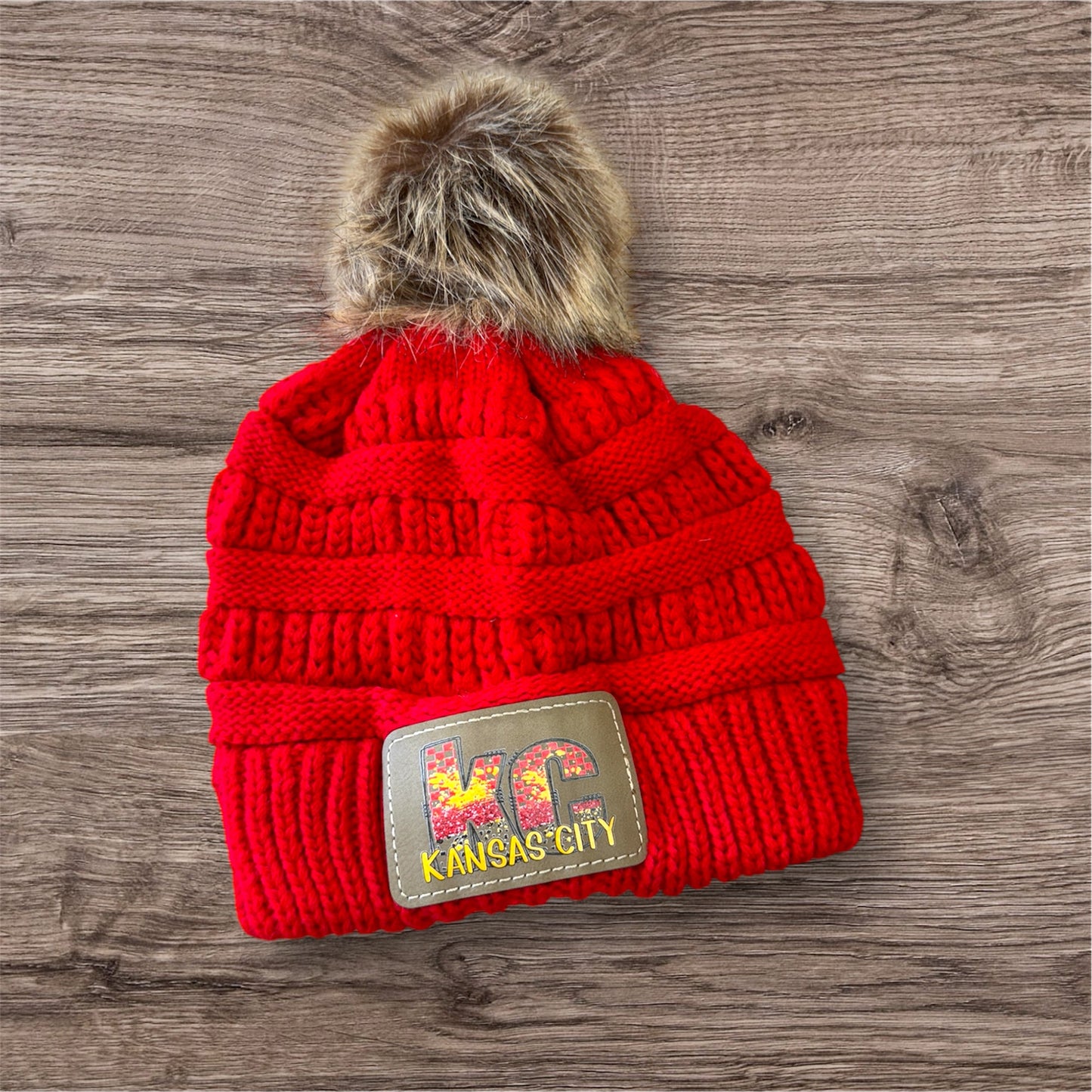 UV Printed Red Checkered Paint Knitted Pom Beanie