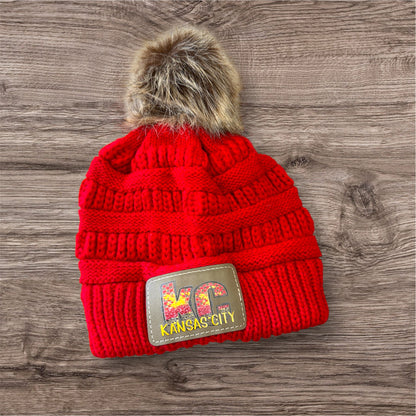 UV Printed Red Checkered Paint Knitted Pom Beanie