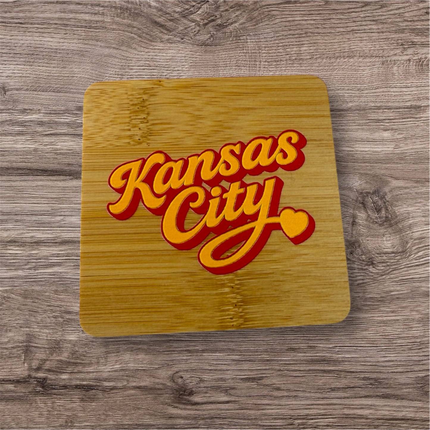 UV Printed Red Kansas City Script Wooden Coaster