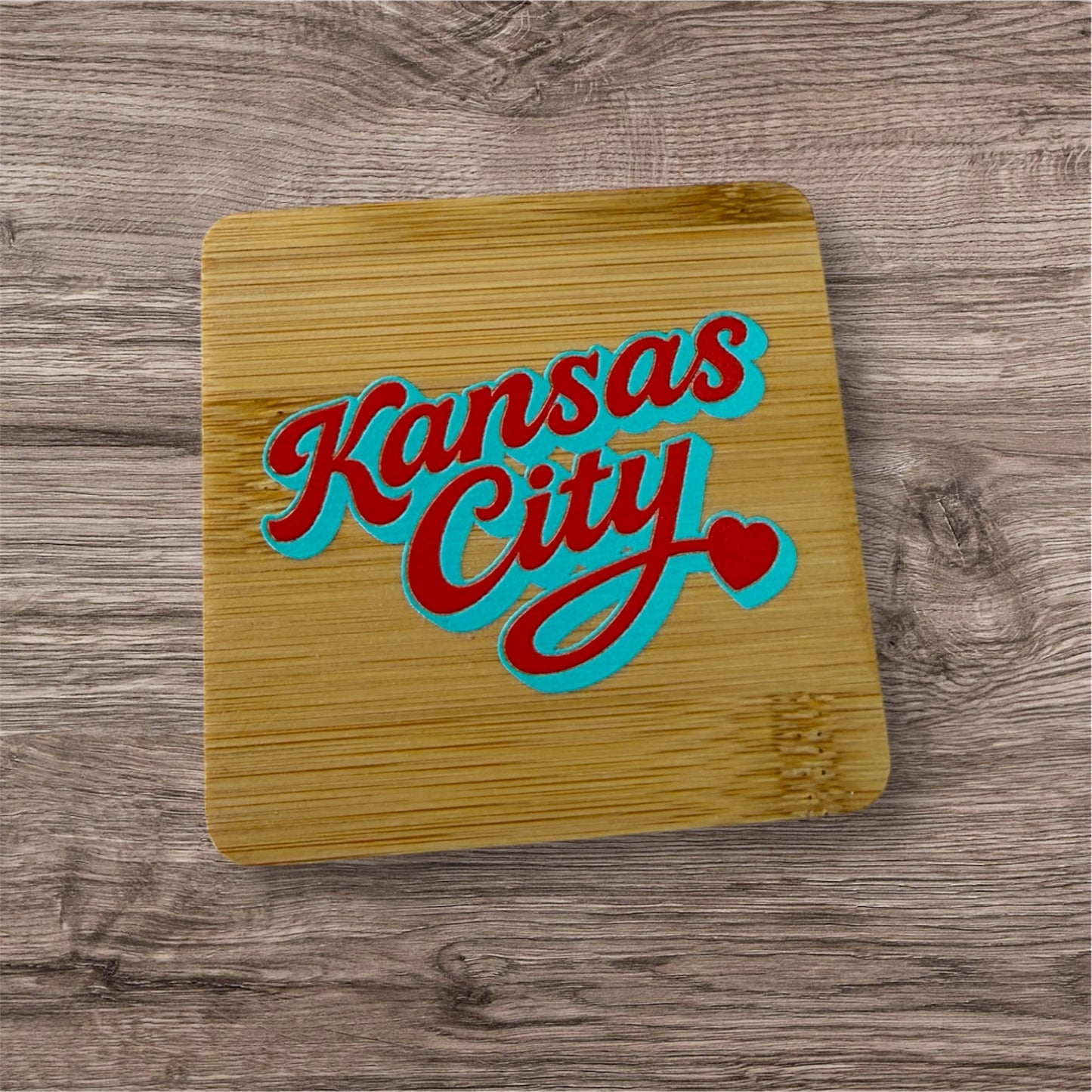 UV Printed Teal Kansas City Script Wooden Coaster