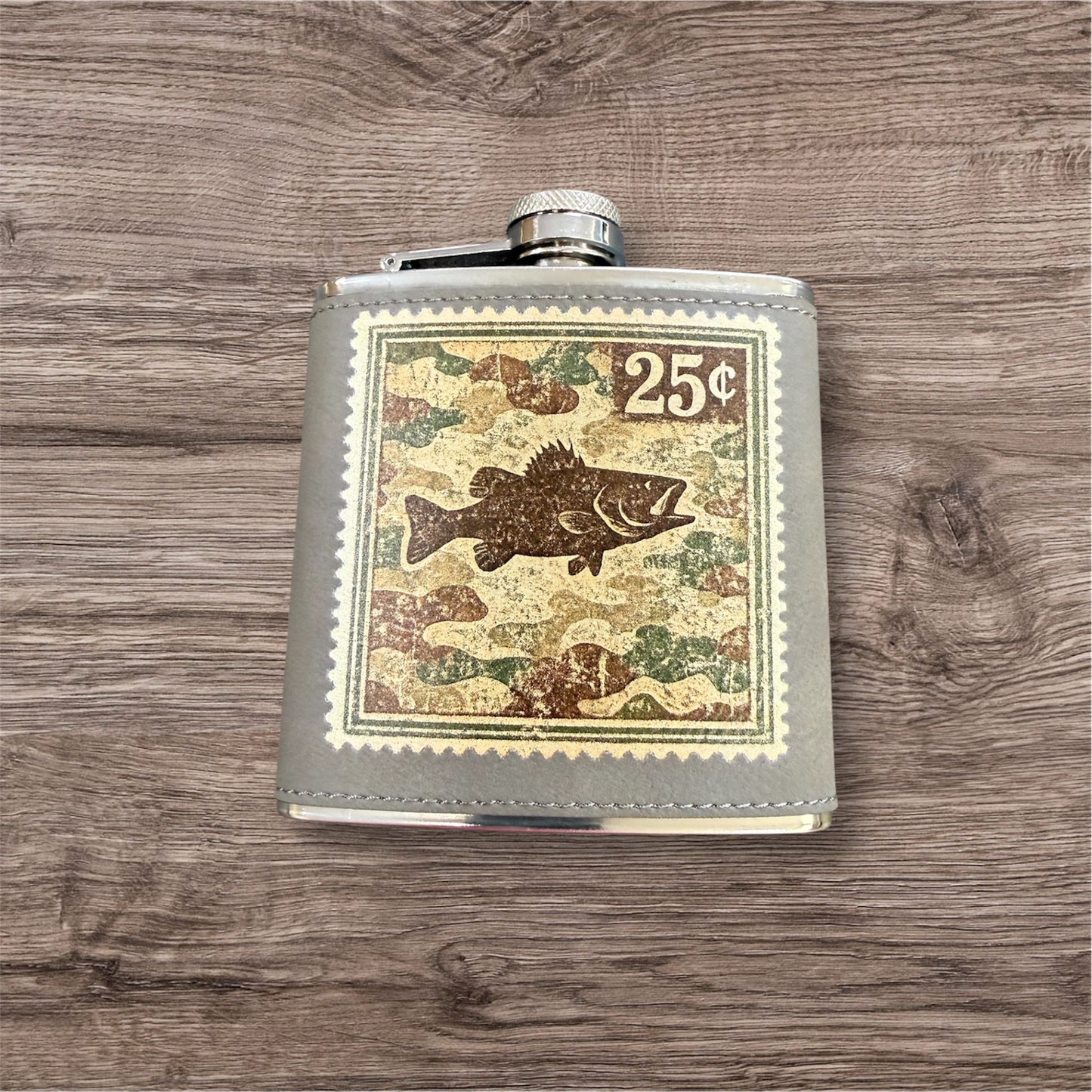 UV Printed Vintage Fish Postage Stamp 6 oz Flask