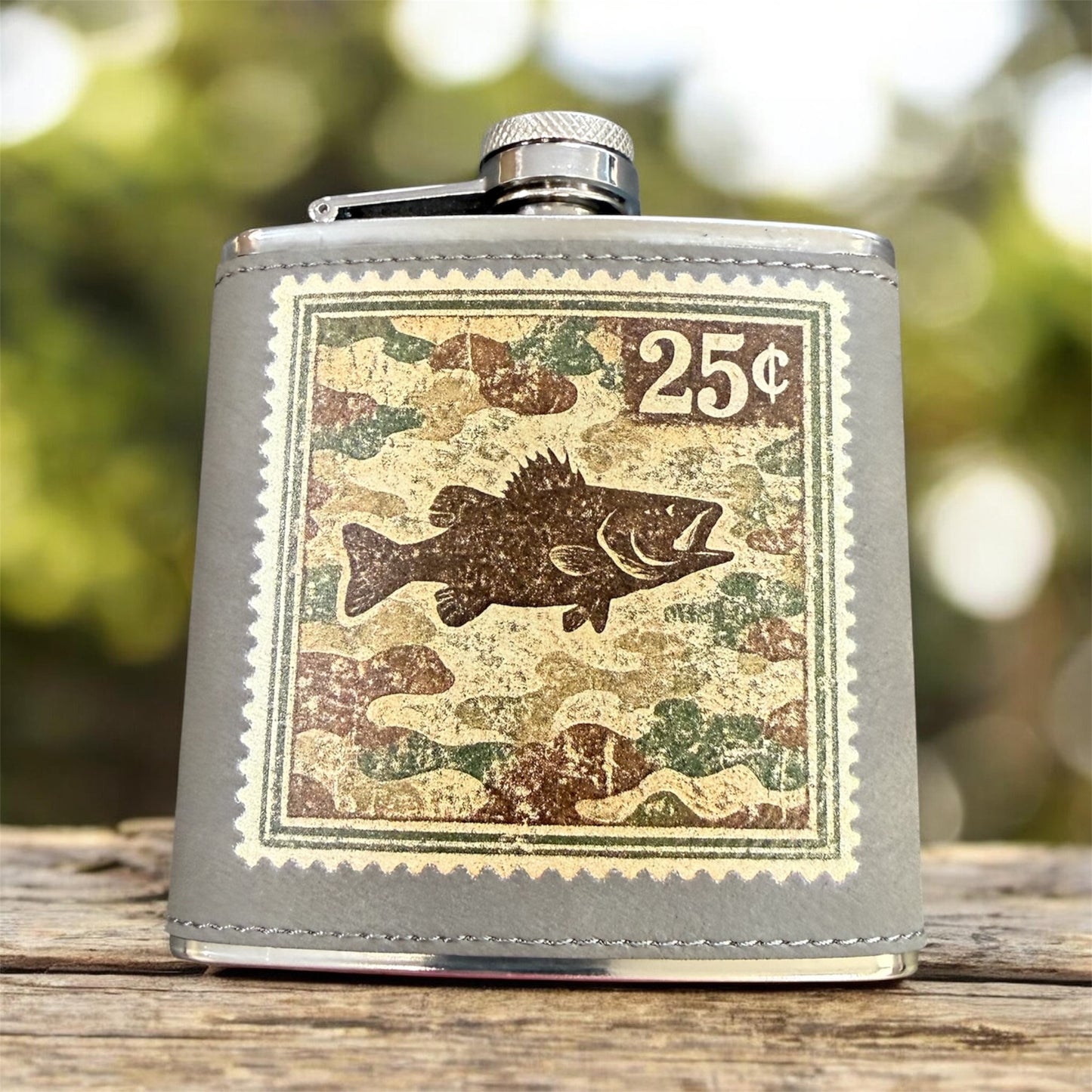 UV Printed Vintage Fish Postage Stamp 6 oz Flask