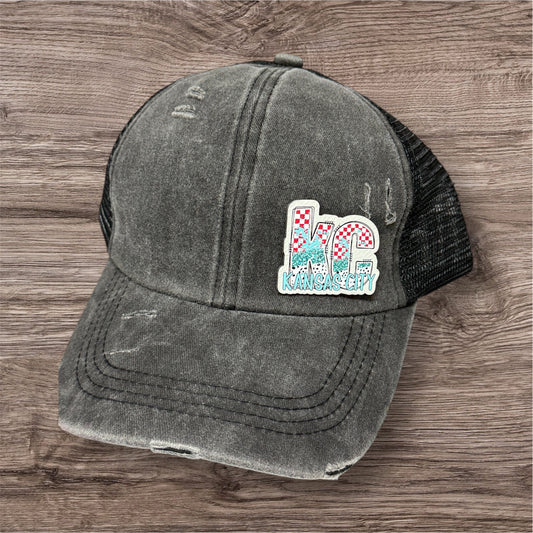 UV Printed Teal/Red KC Checkered Burst Women's Ponytail Hat