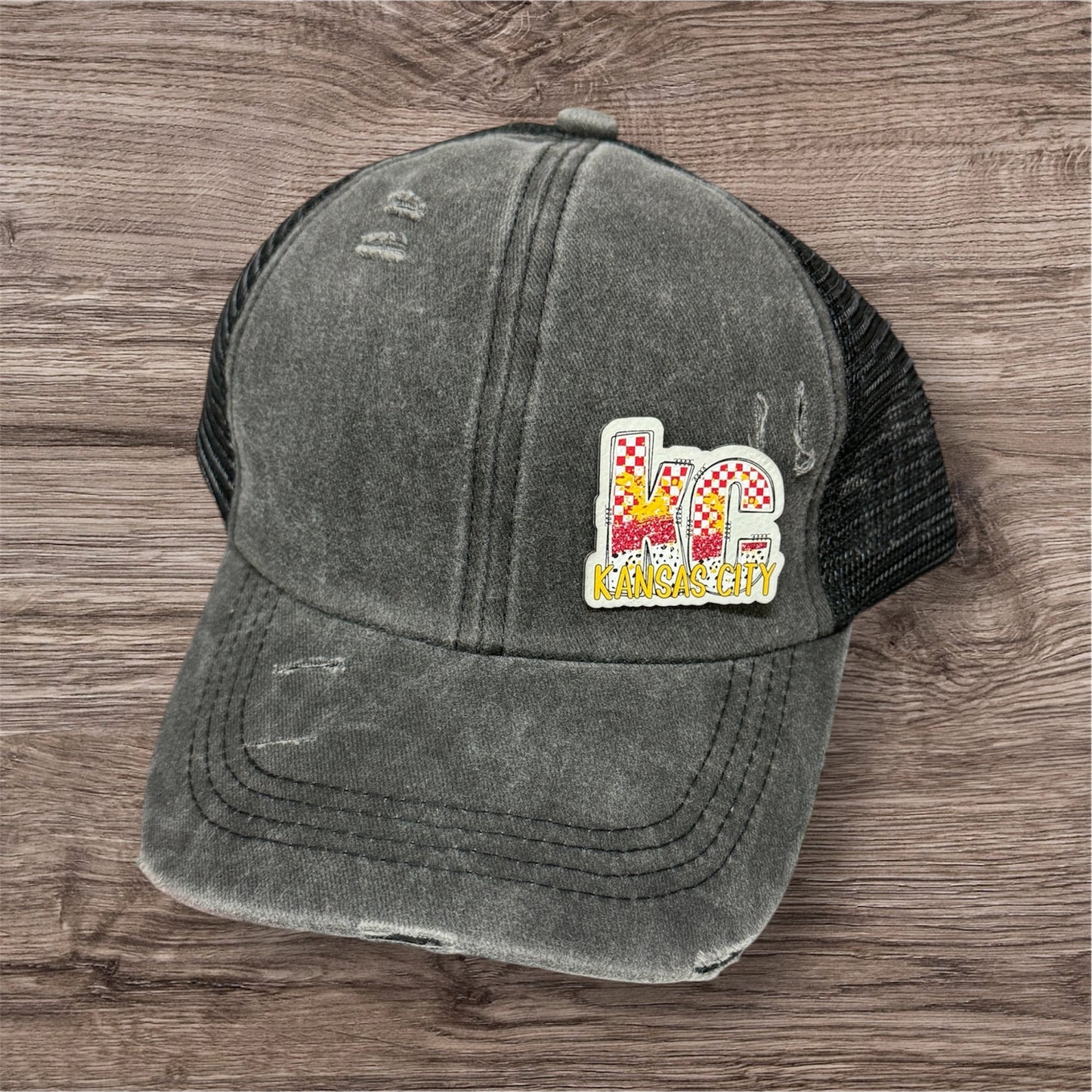 UV Printed Red/Yellow KC Checkered Burst Women's Ponytail Hat
